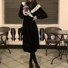 Long-sleeve Lace Trim Mock-neck Midi A-line Dress