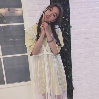 Set: Elbow Sleeve T-shirt Dress + Midi Mesh Pinafore Dress