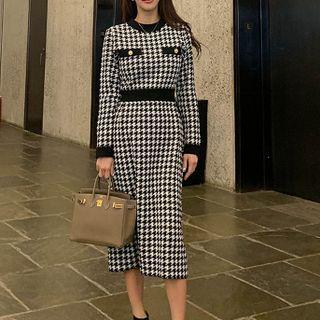 Long-sleeve Houndstooth Midi Sheath Dress Houndstooth - Black & White - One Size
