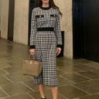 Long-sleeve Houndstooth Midi Sheath Dress Houndstooth - Black & White - One Size
