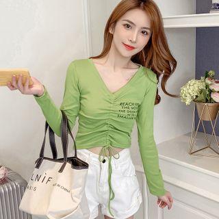 Lettering Drawstring Ruched Long-sleeve T-shirt