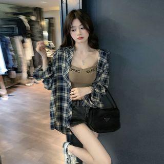 Lettering Camisole Top + Long-sleeve Plaid Shirt