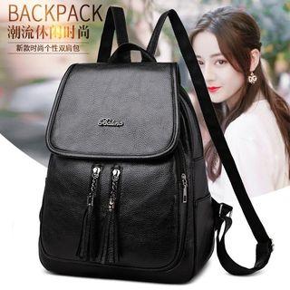 Faux Leather Flap Backpack Black - One Size