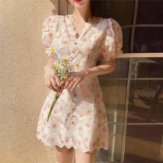Floral Lace Short-sleeve Mini A-line Dress
