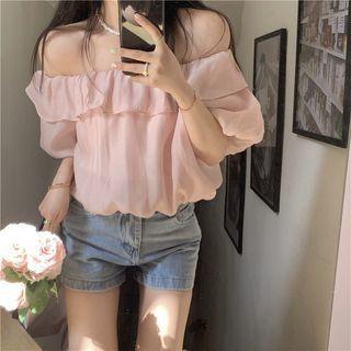 Off Shoulder Plain Blouse Pink - One Size