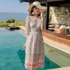 Patterned Bell-sleeve Midi A-line Dress
