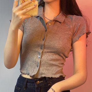 Short-sleeve Ruffled-trim Plain Cropped T-shirt