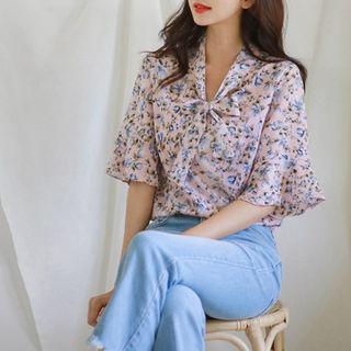 Tie-neck Bell-sleeve Floral Blouse