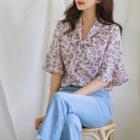 Tie-neck Bell-sleeve Floral Blouse