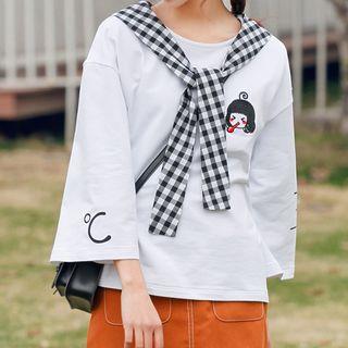 Plaid Panel Printed 3/4 Sleeve T-shirt