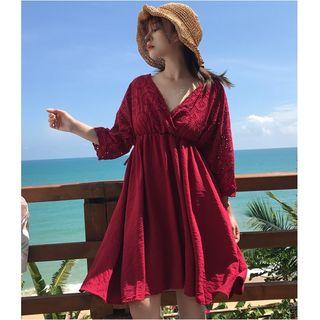 Elbow-sleeve Perforated V-neck Open Back Dress