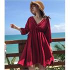 Elbow-sleeve Perforated V-neck Open Back Dress