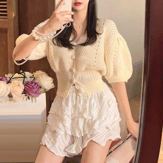 Short-sleeve V-neck Button-up Knit Top / Mini A-line Skirt