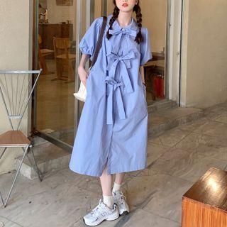 Puff-sleeve Front-tie Loose-fit Dress