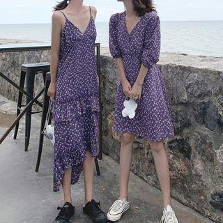 3/4-sleeve Floral A-line Dress / Spaghetti Strap Midi Floral Dress