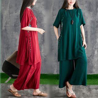 Set: Short-sleeve Embroidered Tunic Top + Wide-leg Pants