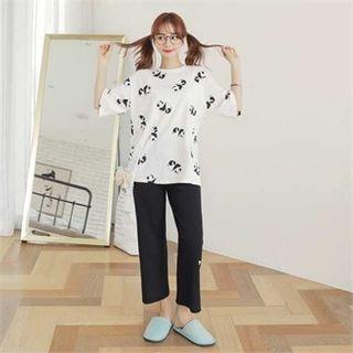 Set: Panda Pattern T-shirt + Lettering Wide-leg Pants