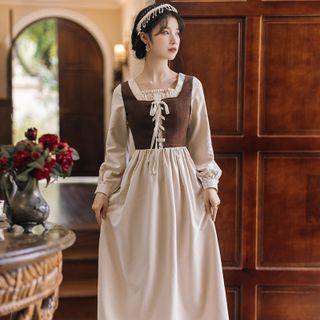 Long-sleeve Mock Two-piece Lace Up Midi A-line Dress