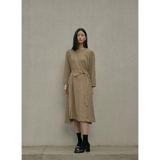 Pocket-side Asymmetric Long Dress With Sash Camel - One Size