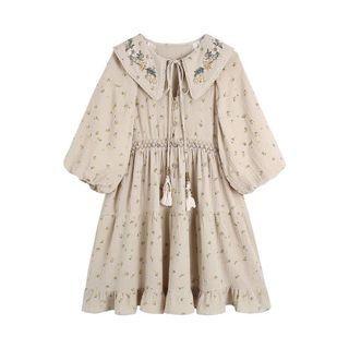 Puff-sleeve Collar Embroidered A-line Dress