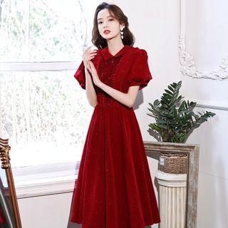 Short-sleeve Velvet Midi A-line Dress