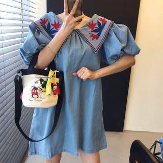 Puff-sleeve Collared Embroidered Mini A-line Dress