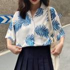 Elbow-sleeve Printed Shirt Blue - One Size