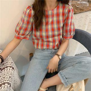 Round Neck Plaid Top As Shown In Figure - One Size