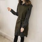 Set: Striped Shirtdress + Long Vest With Belt