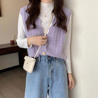 Long-sleeve Mock Neck Plain Top / Frill Trim Open Knit Cardigan