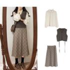 Plain Knit Vest / Long-sleeve Plain Shirt / Plaid Midi Skirt / Set