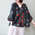 Tree Print Long-sleeve V-neck Blouse As Shown In Figure - One Size