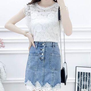 Set: Sleeveless Lace Top + Lace Hem Straight-cut Denim Skirt