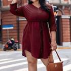 Plus Size Long-sleeve V-neck Button-up Scoop Hem Plain Dress