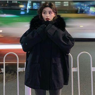 Faux Fur-trim Loose-fit Hooded Parka Black - One Size