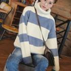 Turtleneck Color Block Sweater Stripes - Blue & White - One Size