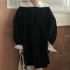 Long-sleeve Lace Trim Collared Dress / Puff-sleeve Plain Shift Dress
