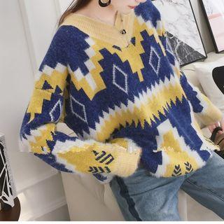 Pattern V-neck Chunky Sweater