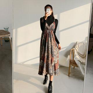 Set: Turtle-neck Top + Floral Print Pinafore Dress