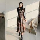 Set: Turtle-neck Top + Floral Print Pinafore Dress