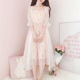 Set: Spaghetti Strap Floral Print Chiffon Dress + 3/4 Puff-sleeve Light Jacket