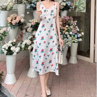 Spaghetti Strap V-neck Floral Print Chiffon Dress