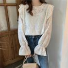 Long-sleeve Frill Trim Lace Blouse White - One Size