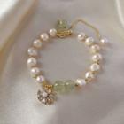 Flower Rhinestone Faux Pearl Bracelet Gold - One Size