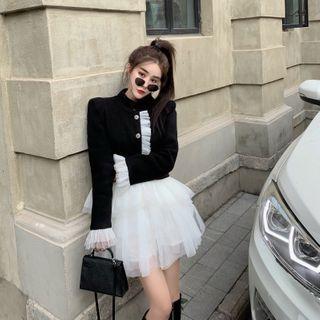 Button-up Cropped Jacket / Layered Mesh Mini A-line Skirt