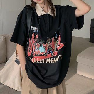 Elbow-sleeve Cartoon Print Polo Shirt Black - One Size