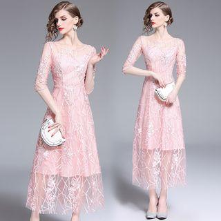 Mesh Embroidered Elbow-sleeve Midi A-line Dress