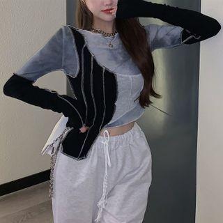 Long-sleeve Paneled T-shirt Light Gray - One Size
