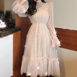 Sequined Frilled Trim Mesh Overlay Midi Dress Off-white - One Size