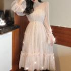 Sequined Frilled Trim Mesh Overlay Midi Dress Off-white - One Size